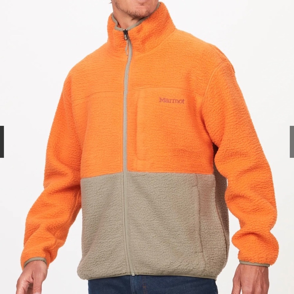 Marmot Mens Orange Olive Green Colorblock Sherpa Fleece Full Zip Jacket S/P